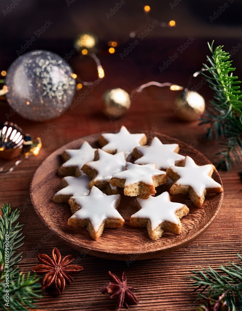 Cinnamom star shaped cookies on wooden table.with spices and Christmas decorations. Swiss Zimtsterne Cinnamom star shaped cookies on wooden table.with spices and Christmas decorations. Swiss Zimtsterne