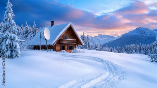 Satellite Dish in a Snowy Rural Landscape During Winter Sunset with a Cozy Cabin Surrounded by Fresh Powder Snow and Scenic Mountains in Background