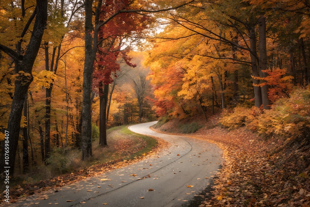 A quiet, winding road cuts through a forest bathed in golden autumn colors, with fallen golden leaves. A quiet, winding road cuts through a forest bathed in golden autumn colors, with fallen golden leaves.