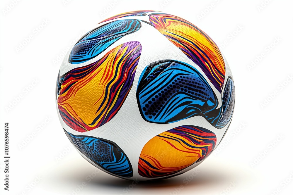 A white soccer ball with blue, yellow, and red abstract designs A white soccer ball with blue, yellow, and red abstract designs