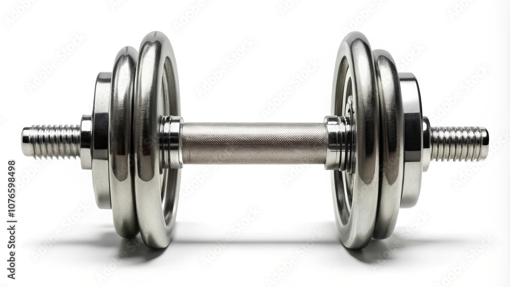 A silver dumbbell with adjustable weights rests on a white background, strength training and fitness. A silver dumbbell with adjustable weights rests on a white background, strength training and fitness.