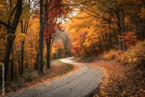 A quiet, winding road cuts through a forest bathed in golden autumn colors, with fallen golden leaves.