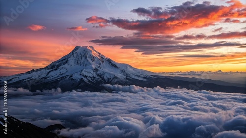 Majestic Snow-Capped Mountain Peak Above a Sea of Clouds at Sunset - Scenic Landscape Photography