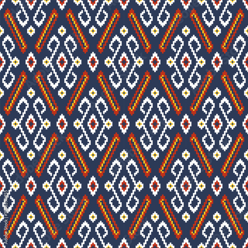 Intricate and colorful patterns, geometric pattern with a repeating diamond shape motif. creating a vibrant and visually appealing design, Thai textiles, specifically the Bandhani style