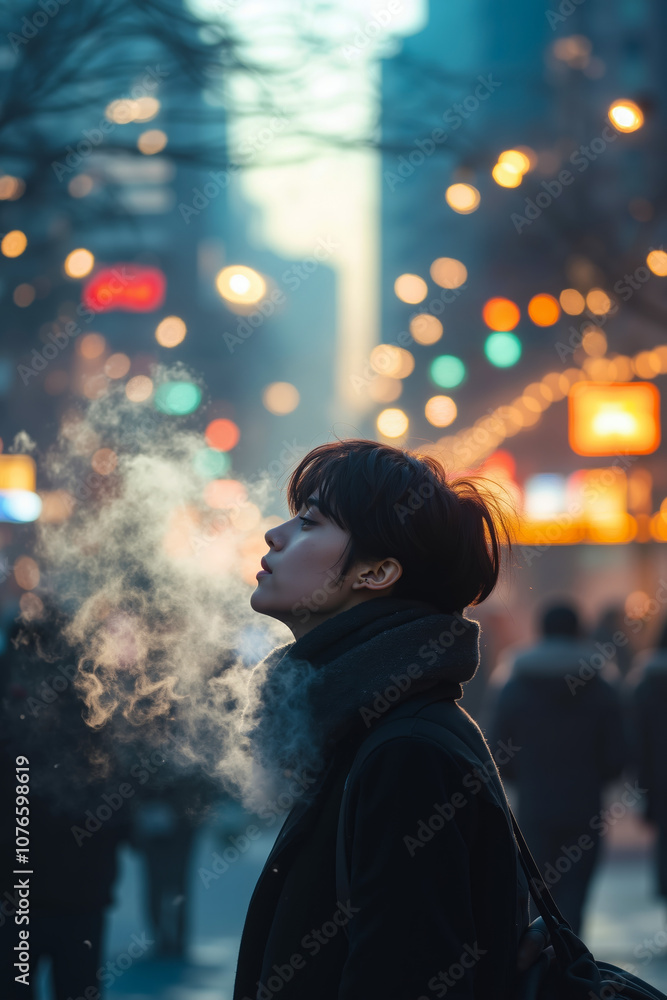 A woman standing in the middle of a city at night with smoke coming out of her mouth A woman standing in the middle of a city at night with smoke coming out of her mouth