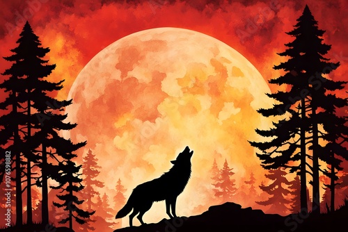 Silhouette of a wolf howling at the moon against a background of fiery oranges reds and yellows, AI Generated