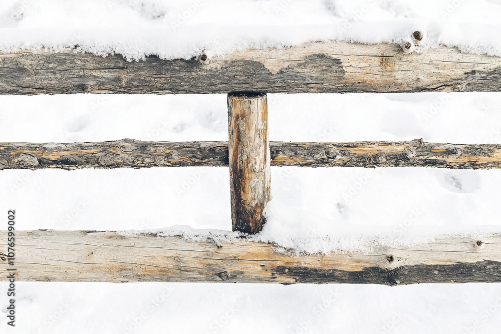 Fototapeta premium A wooden fence partially covered in snow against a white background.