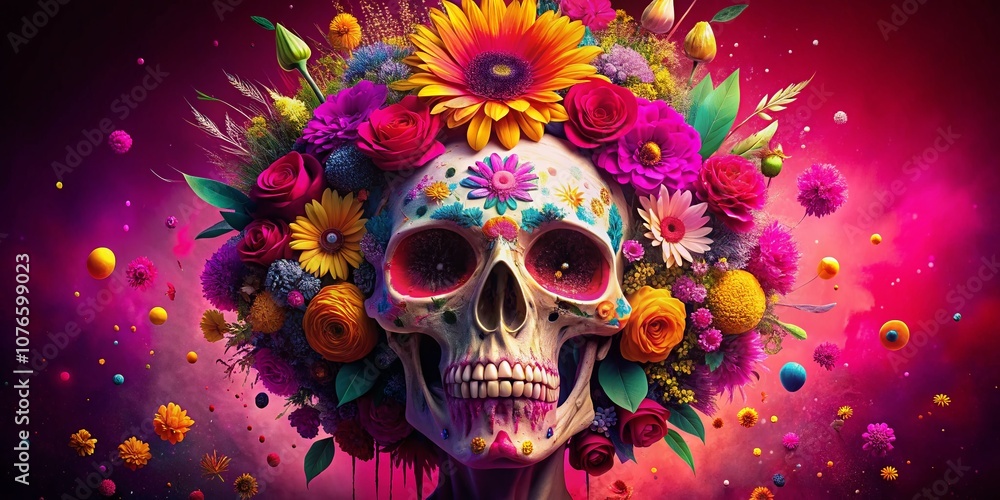 Vibrant Skull Adorned with Intricate Floral Designs Surrounded by an Explosion of Colorful Flowers on a Bright Magenta Background Celebrating Life and Remembrance Vibrant Skull Adorned with Intricate Floral Designs Surrounded by an Explosion of Colorful Flowers on a Bright Magenta Background Celebrating Life and Remembrance