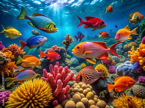 Vibrant Spotted Tropical Fish Swimming Among Colorful Coral Reefs in the Sea of Cortez: A Stunning Underwater Perspective for Nature Lovers and Marine Life Enthusiasts