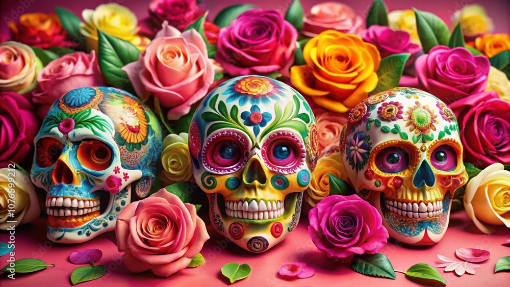 Vibrant Sugar Skulls Surrounded by Colorful Roses on a Soft Pink Background Celebrating Life's Duality and Artistic Expression Vibrant Sugar Skulls Surrounded by Colorful Roses on a Soft Pink Background Celebrating Life's Duality and Artistic Expression