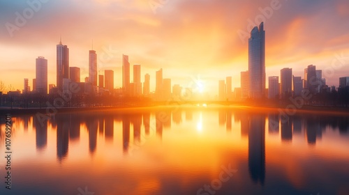 Sweeping Sunrise Over Famous City Skyline Reflecting on Calm Water