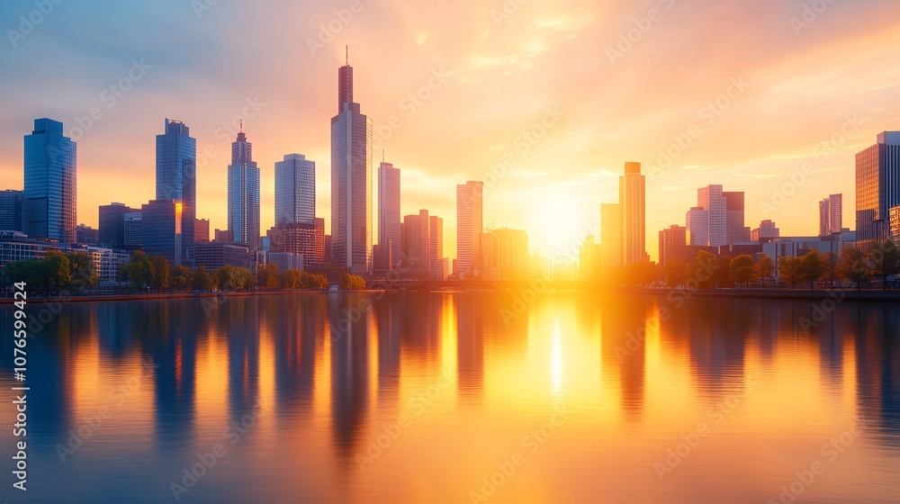 Obraz premium Stunning Sunrise Highlighting Iconic City Skyline Reflected Over a Tranquil Waterfront
