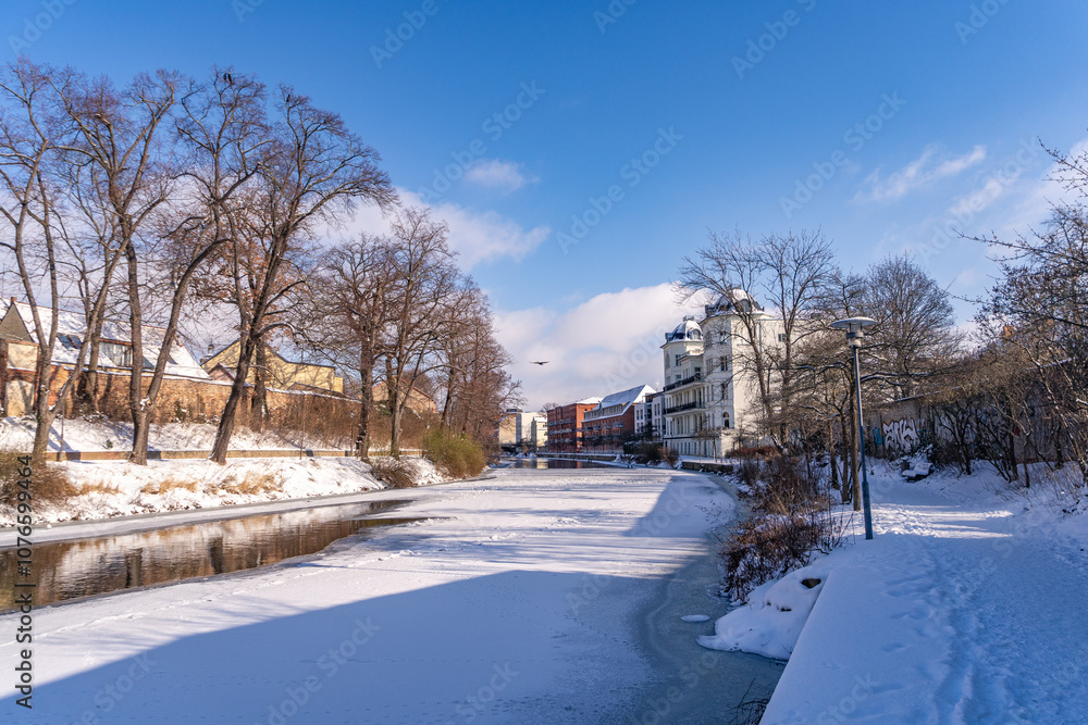 Naklejka premium Brandenburg an der Havel, Winterlandschaft, Stadtkanal, Kormorane, Vögel im Winter, Gefrorener Kanal, Sonnenschein, Winter in der Stadt, Frost, Kalt, Natur im Winter, Kormoran am Wasser, Wintermorgen.