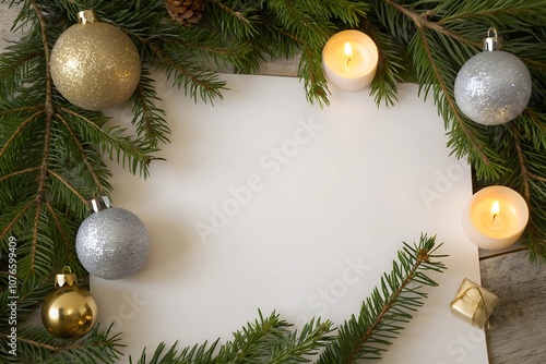 New Year's layout. A clean white sheet of paper surrounded by fir branches and festive balls made of gold and silver and candles. The atmosphere of New Year and Christmas. Place for text for your busi photo