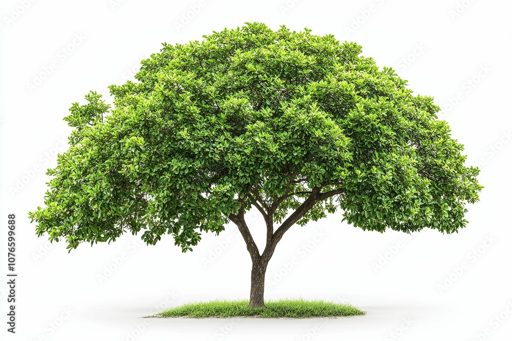 A lush green tree with a thick canopy isolated on a white background. A lush green tree with a thick canopy isolated on a white background.