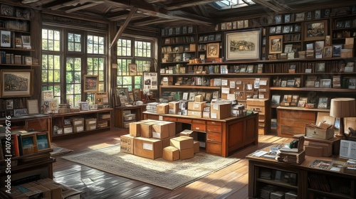 A vintage shop interior with wooden beams, shelves full of antique items and a large window.