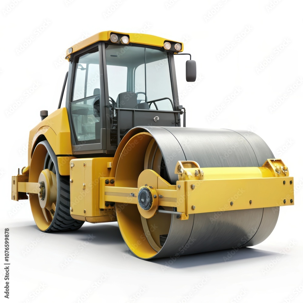 A yellow road roller with large cylindrical rollers and a modern design A yellow road roller with large cylindrical rollers and a modern design