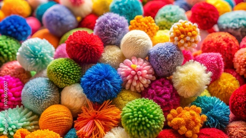 Vibrant Wool Pom Poms Resembling Colorful Spring Flowers in a Fresh and Lively Arrangement for Food Photography Inspiration