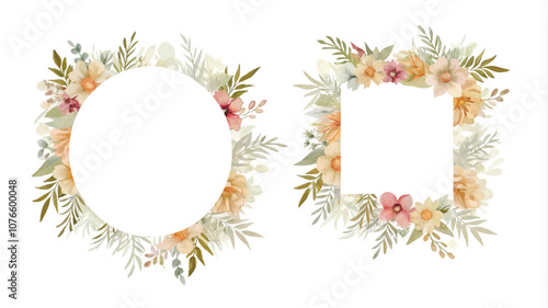 Watercolor floral frame. Hand painted flowers and leaves isolated on white background.