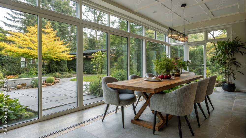 Modern Dining Area with Wooden Table, Stylish Chairs, and Abundant Natural Light from Large Windows, Showcasing Greenery for a Fresh and Inviting Atmosphere Modern Dining Area with Wooden Table, Stylish Chairs, and Abundant Natural Light from Large Windows, Showcasing Greenery for a Fresh and Inviting Atmosphere