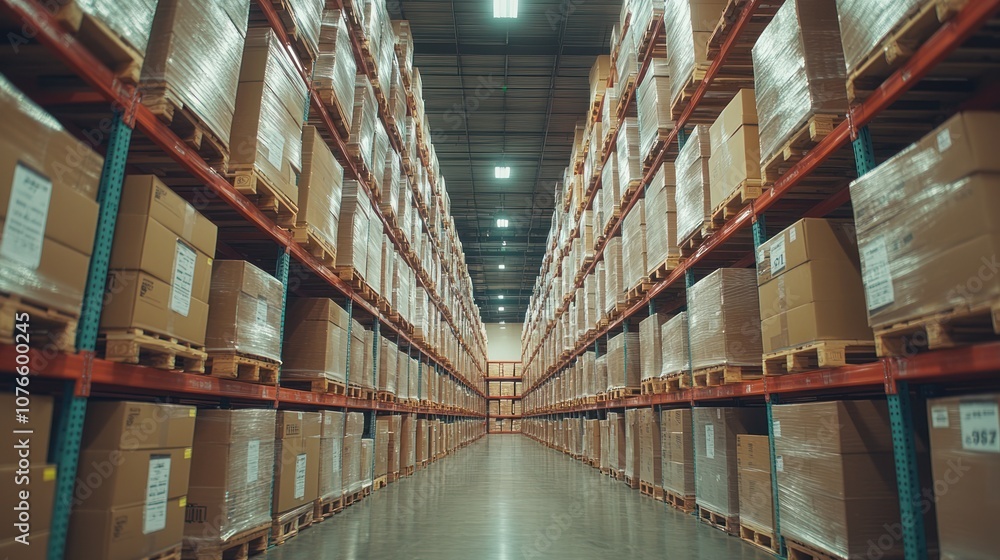 A warehouse aisle stocked full of cardboard boxes on pallets, with a long perspective view. A warehouse aisle stocked full of cardboard boxes on pallets, with a long perspective view.
