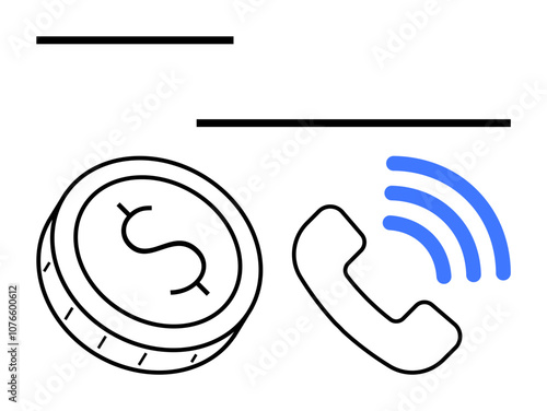 Phone receiver with blue sound waves next to a dollar coin symbol, representing communication costs and financial transactions. Ideal for finance, telecommunications, customer service, support