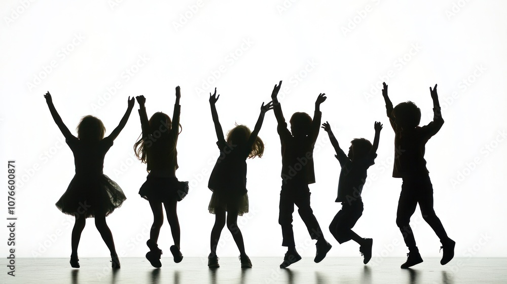 Fototapeta premium Silhouette of a group of children joyfully playing together, with arms raised in the air, against a bright