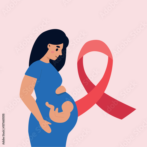 Pregnant  woman with HIV holding her belly with embryo inside. Prevention of HIV transmitting to a baby concept. Vector illustration in flat style.