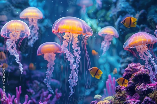A surreal underwater scene with luminous jellyfish drifting amidst colorful coral reefs and schools of fish, creating an otherworldly, dreamlike aquatic environment.