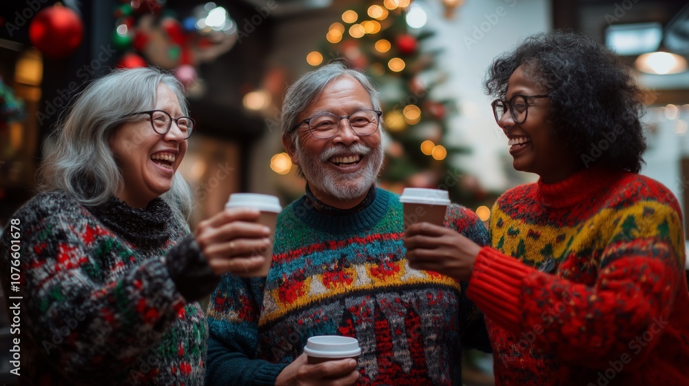 Friends of diverse ages in ugly Christmas sweaters enjoy hot drinks together. Christmas Jumper Day Friends of diverse ages in ugly Christmas sweaters enjoy hot drinks together. Christmas Jumper Day