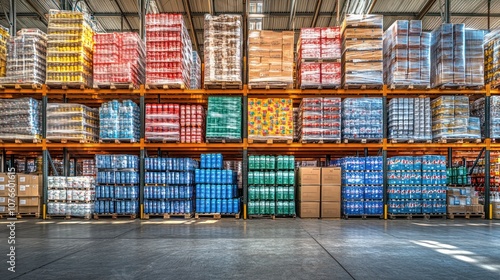 A warehouse with rows of pallets stacked high with canned goods.