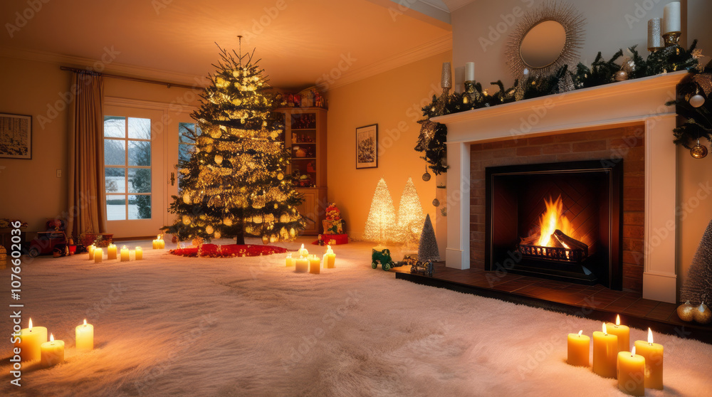 Inviting living room with a lit Christmas tree, warm fireplace, and glowing candles. The perfect space for celebrating the holidays, creating a cozy and serene winter atmosphere. Inviting living room with a lit Christmas tree, warm fireplace, and glowing candles. The perfect space for celebrating the holidays, creating a cozy and serene winter atmosphere.