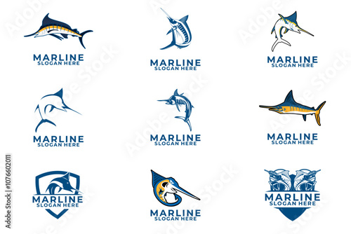 Set of Marlin Fish logo design template, Marlin Swordfish Ocean Sea Wildlife Logo Design Vector icon