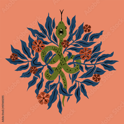 Poster with mystic floral snake with third eye. Spiritual magical serpent in flowers and leaves. Chinese New Year 2025 symbol