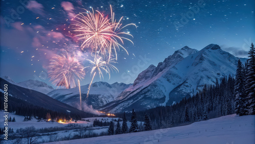 Vibrant holiday fireworks above a snowy mountain range, New Year celebration in nature, remote winter beauty, night magic