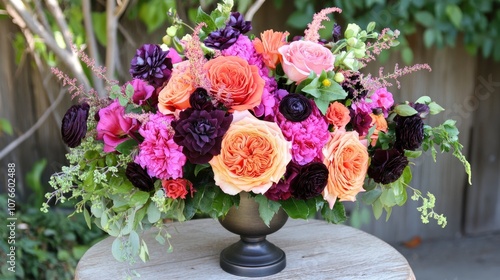 Vibrant Floral Arrangement in Rich Purples and Pinks with Lush Greenery in Elegant Black Vase Set Against a Natural Outdoor Background