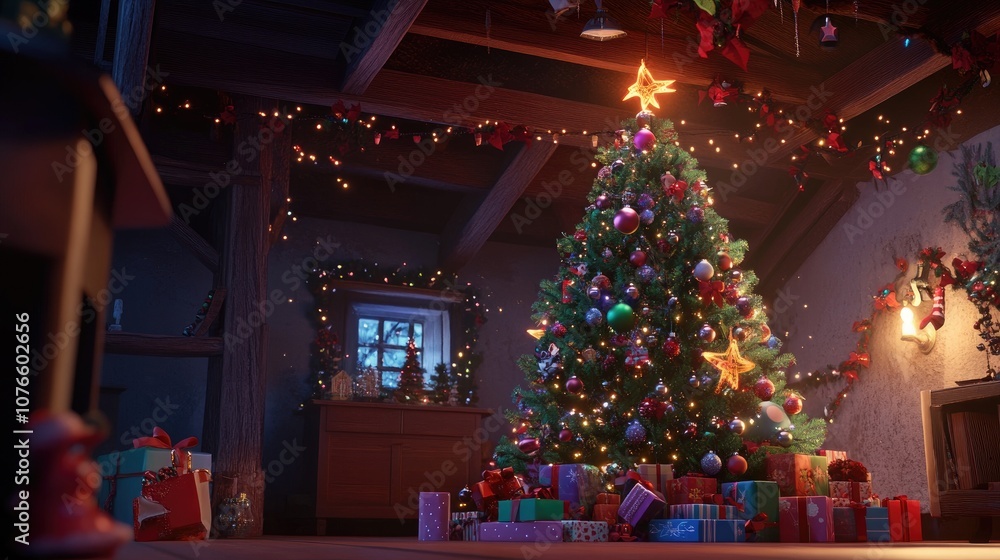 Cozy Winter Scene Featuring a Beautifully Decorated Christmas Tree Surrounded by Colorful Gifts and Warm Holiday Lights in a Charming Rustic Cabin Cozy Winter Scene Featuring a Beautifully Decorated Christmas Tree Surrounded by Colorful Gifts and Warm Holiday Lights in a Charming Rustic Cabin