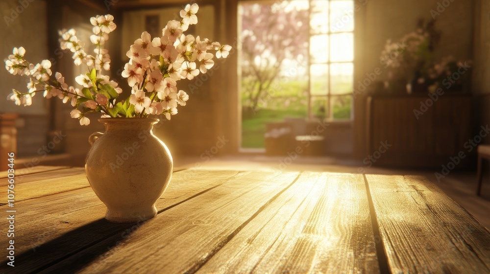 Fototapeta premium Serene Interior with Blossom Vase on Wooden Table Bathed in Warm Light, Fragrant Flowers in Sunny Room Overlooking Lush Green Garden and Blossoming Trees