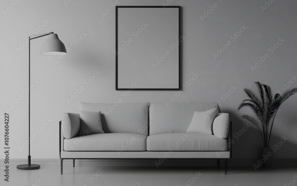 A modern living room in a monochromatic black, white, and gray color palette, captured in a high-detail 3D render. A modern living room in a monochromatic black, white, and gray color palette, captured in a high-detail 3D render.