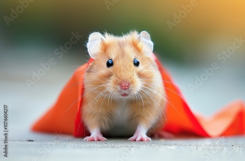 Super hamster wearing orange cape posing like a superhero photo