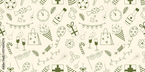 New Year doodle seamless pattern. Christmas doodle repeating winter background.  Hand drawn vector illustration
