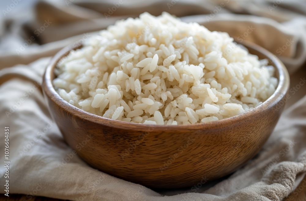 Steaming white rice filling a wooden bowl on a table Steaming white rice filling a wooden bowl on a table