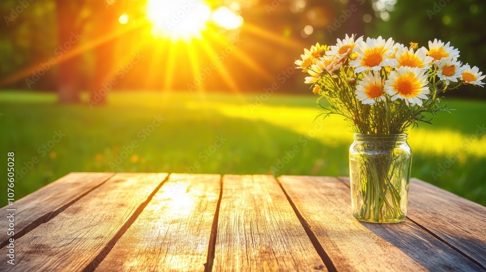 Bright Sunlight Illuminates a Bouquet of White Daisies in a Glass Jar on a Rustic Wooden Table Surrounded by Lush Green Grass and Trees Bright Sunlight Illuminates a Bouquet of White Daisies in a Glass Jar on a Rustic Wooden Table Surrounded by Lush Green Grass and Trees