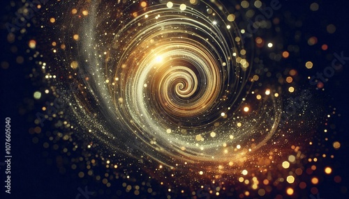 Abstract swirl of golden glitter and bokeh on dark background