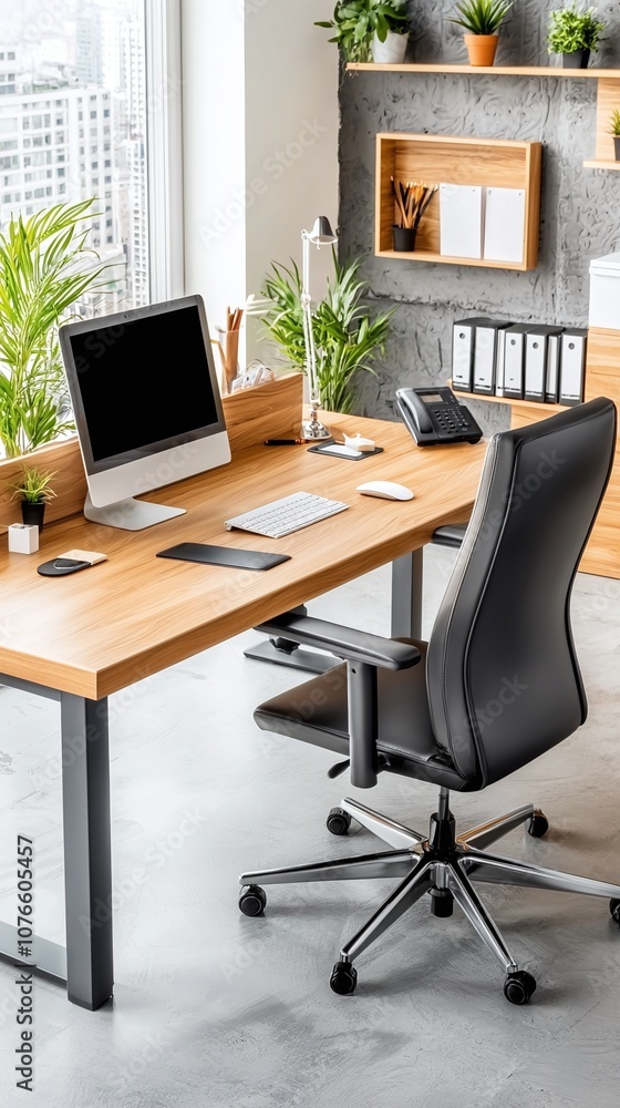 Modern Home Office Desk with Computer and Chair. Modern Home Office Desk with Computer and Chair.