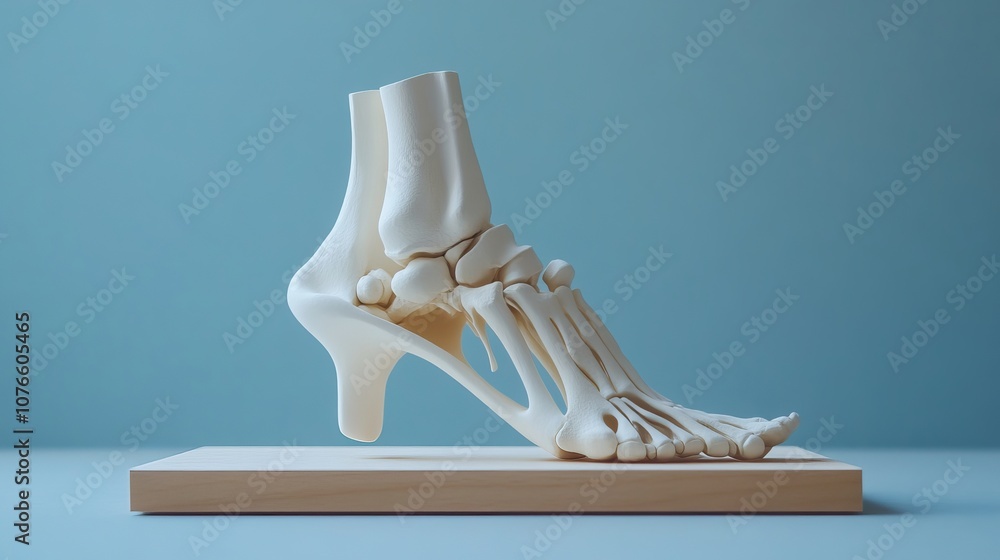 An anatomical model of human foot bones fitted with an orthopedic insole, illustrating the concept of physical therapy for leg injuries. An anatomical model of human foot bones fitted with an orthopedic insole, illustrating the concept of physical therapy for leg injuries.