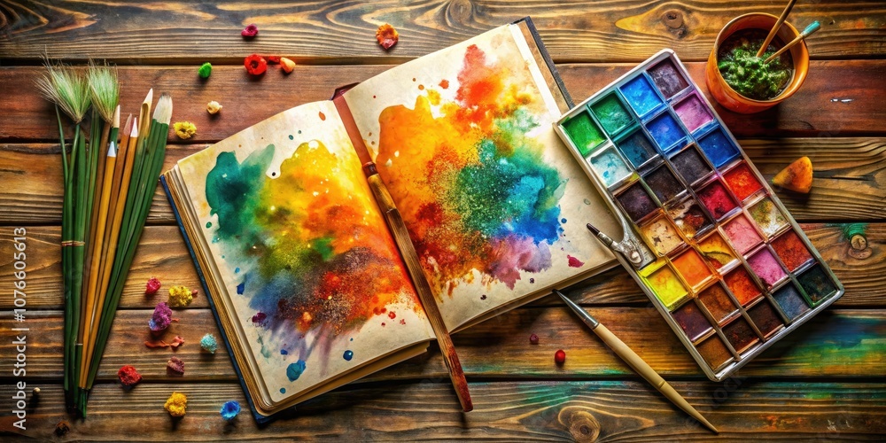Aerial View of Vibrant Watercolor Book Pages Spread Across a Wooden Table, Showcasing Artistic Textures and Colors for Creative Inspiration Aerial View of Vibrant Watercolor Book Pages Spread Across a Wooden Table, Showcasing Artistic Textures and Colors for Creative Inspiration