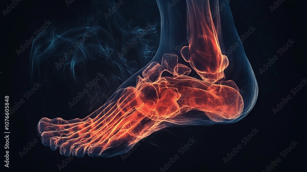 An X-ray image of a foot showing areas of pain, set against a black background. An X-ray image of a foot showing areas of pain, set against a black background.
