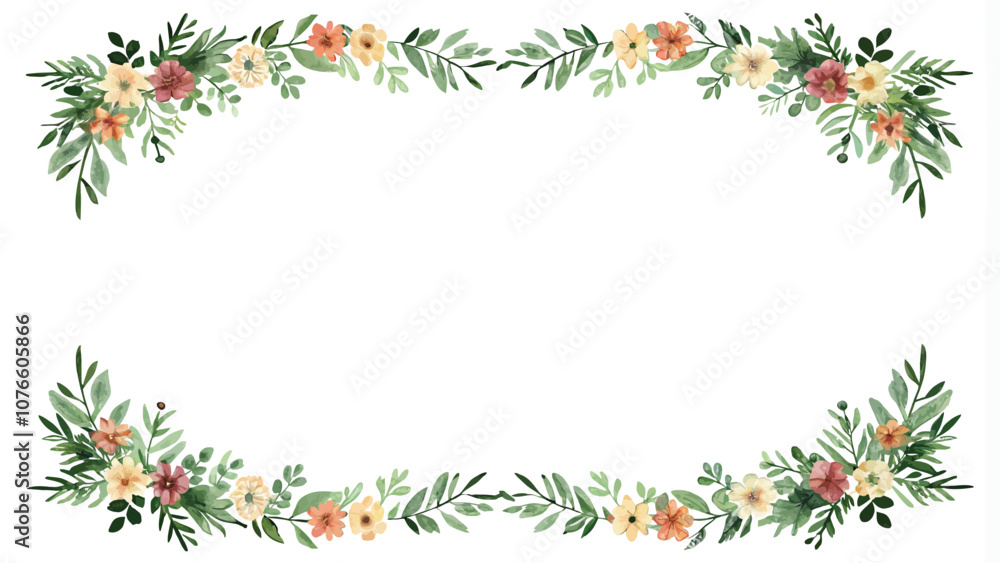 Fototapeta premium Watercolor floral frame. Hand painted flowers and leaves isolated on white background.