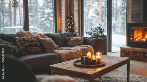 Rustic Living Room with Fireplace and Winter Ambiance Cozy and Natural